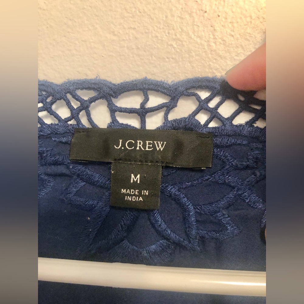 J Crew Long Sleeve Boho Navy Blue Embroidered Cotton Top Size M Ruffle Cuffs - Picture 7 of 7